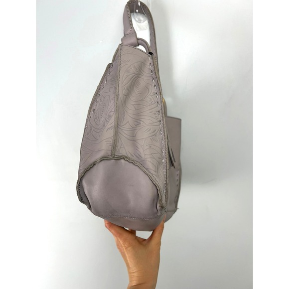 The Sak Floral Embossed Leather Hobo Shoulder Bag Grey Whipstitch Tassel Boho - Picture 5 of 13